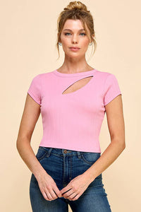 Cut Out Front Rib Short Sleeve Top