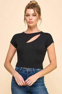 Cut Out Front Rib Short Sleeve Top