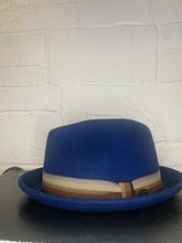 Load image into Gallery viewer, Navy Blue Wool Felt Pinch Fedora Hat with Stripe Band