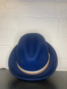 Navy Blue Wool Felt Pinch Fedora Hat with Stripe Band